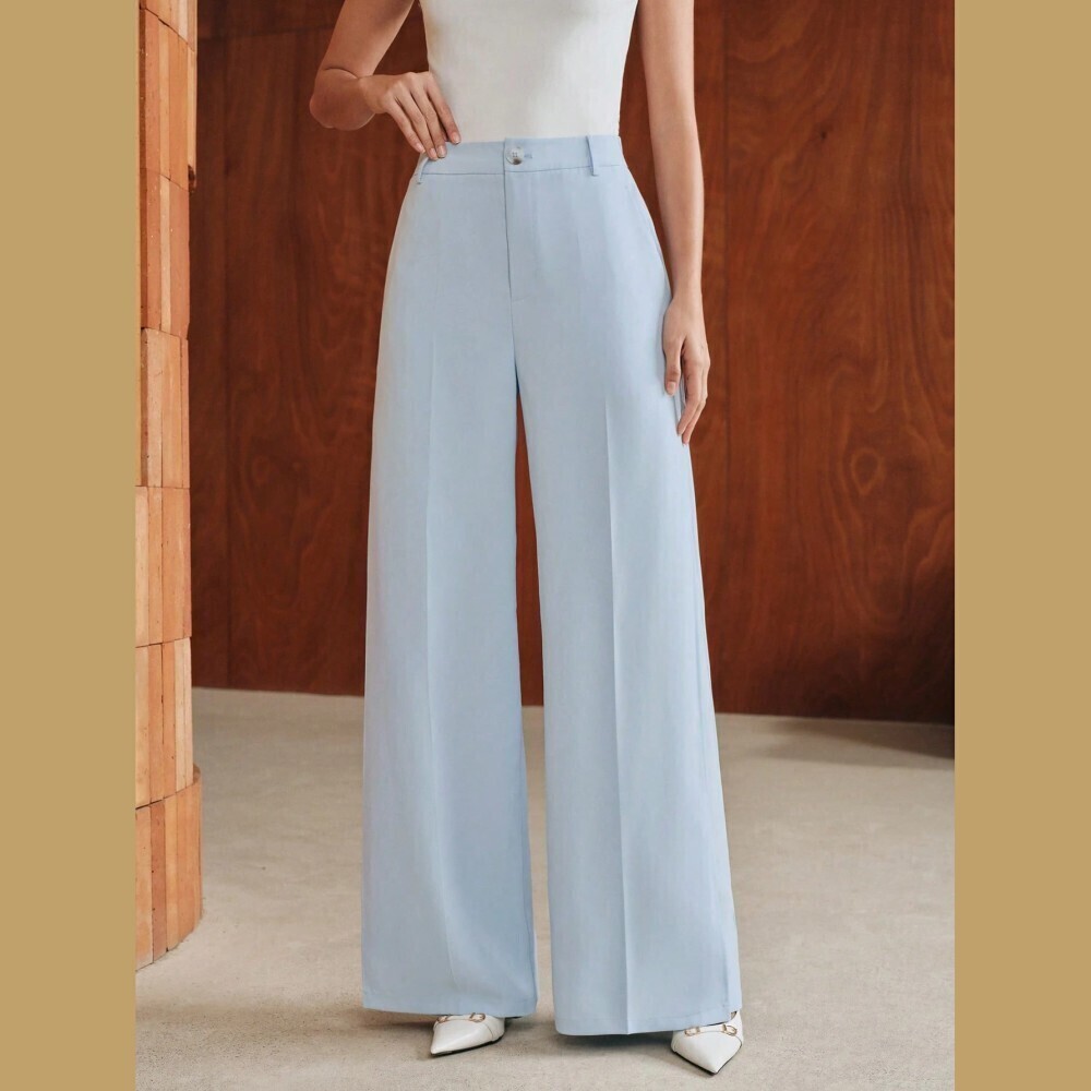 Sky Blue High Waist Wide Leg Trouser Pants